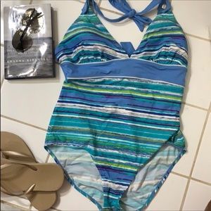 Tropical Escape Halter Turquoise Swimsuit Stripes